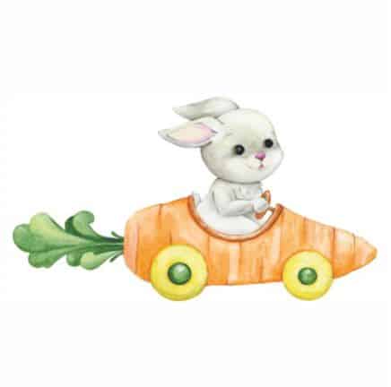 Bügelbild Karottenauto mit Hase